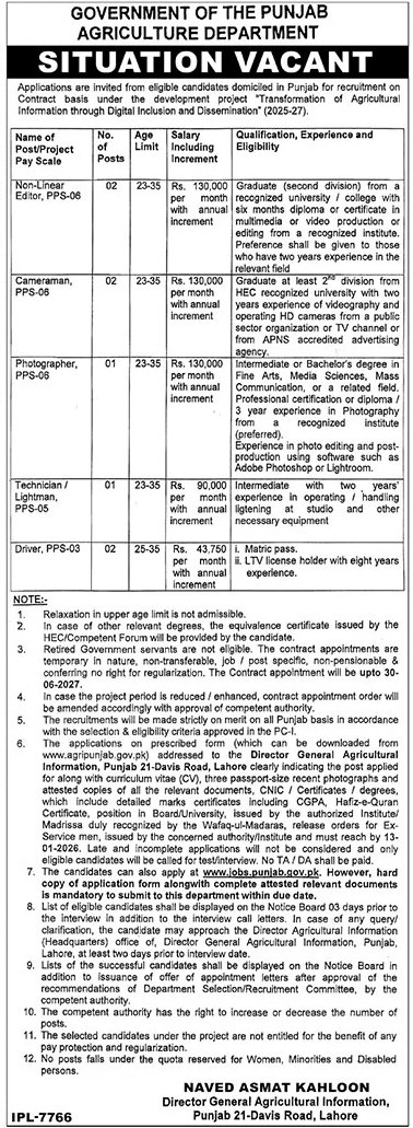 Latest Punjab Agricultural Department Management Posts Lahore 2025