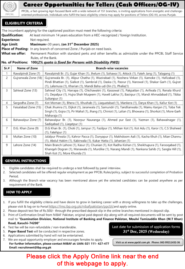 Cash Officer Jobs in PPCBL December 2025 Apply Online Punjab Provincial Cooperative Bank Limited Teller OG-IV Latest