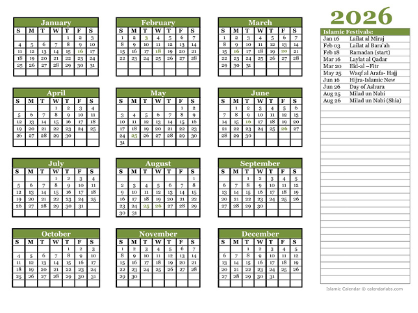 Islamic Calendar 2026 with Holidays
